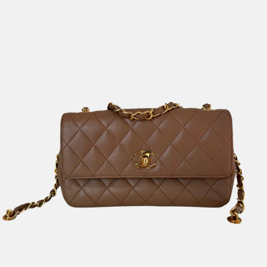 Chanel Classic Flap Mini   Beige Lambskin Leather Adjustable Gold-tone Chain