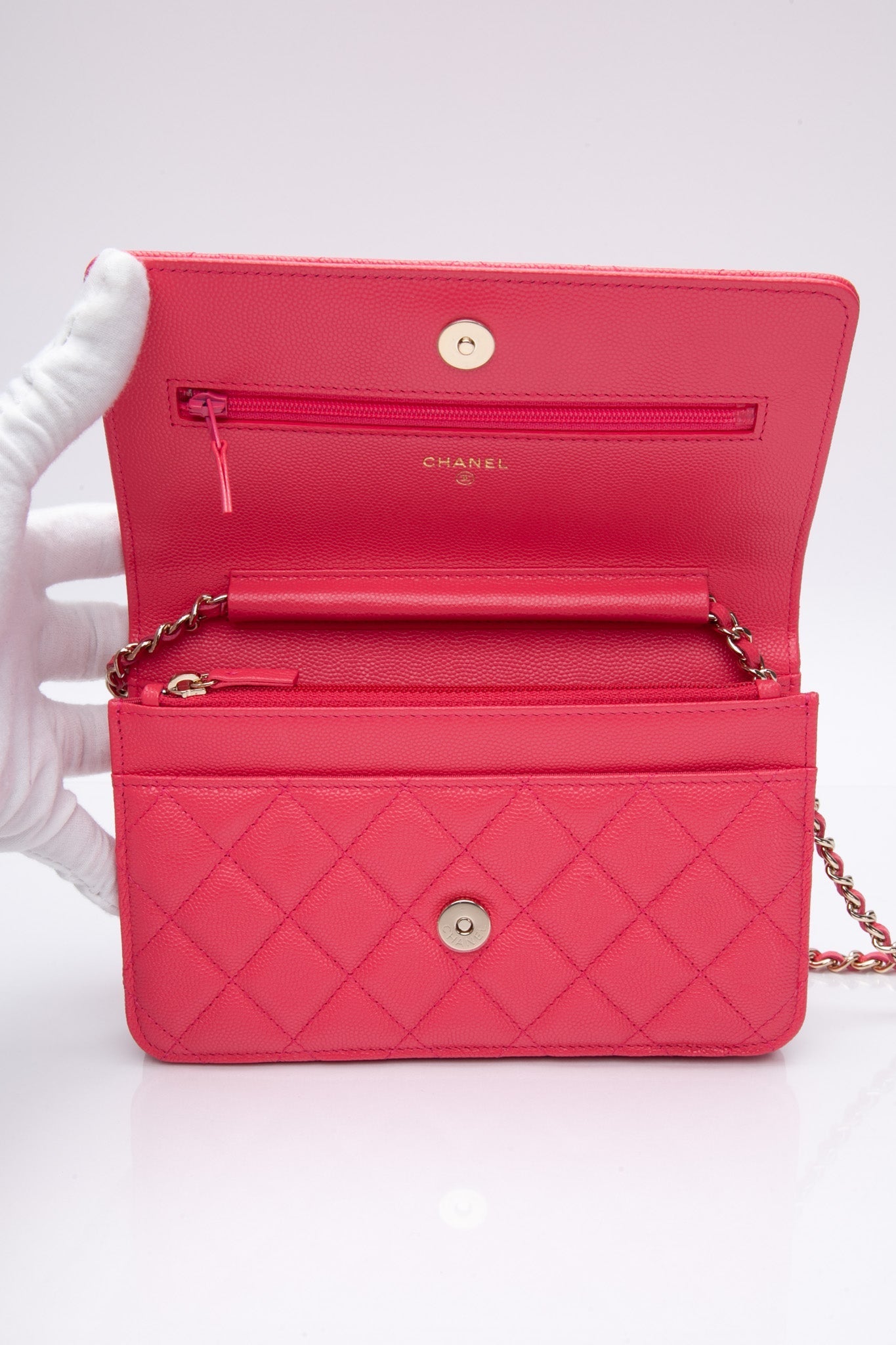 CHANEL Hot Pink Caviar Quilted French New Wave Chain CC Wallet On Chain WOC