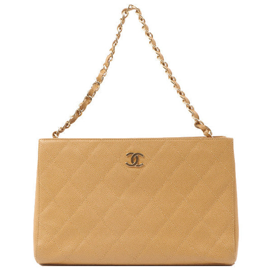 Chanel Around 2001 Caviar Skin Cc Mark Plate Chain Tote Bag Beige