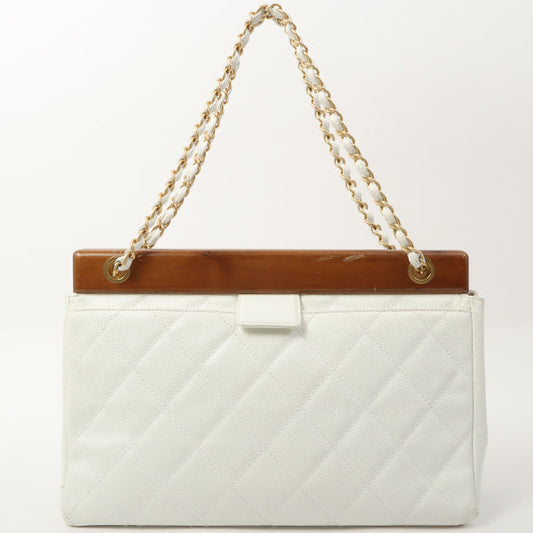 Chanel 2003 Made Caviar Skin Wood Metal Clasp Cc Mark Plate Shoulder Bag White/Brown