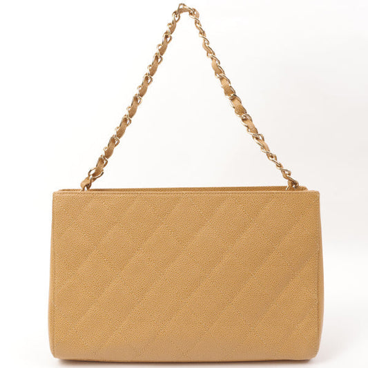 Chanel Around 2001 Caviar Skin Cc Mark Plate Chain Tote Bag Beige