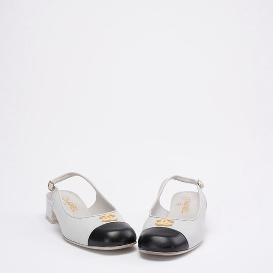 Chanel 25A CC Black / White Leather Mule Pointed Toe Size 37
