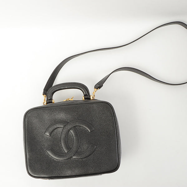Chanel Around 1997 Made Caviar Skin Cc Mark Stitch 2Way Vanity Black