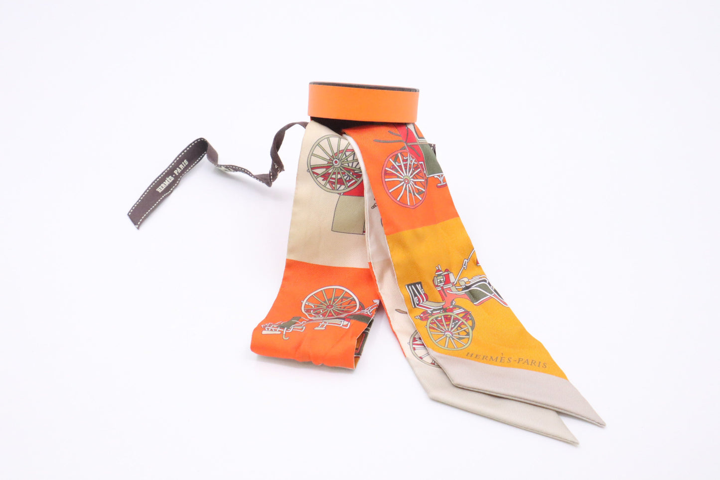 Hermes "Les Voitures Exquises" Twilly in Orange & Cream Silk