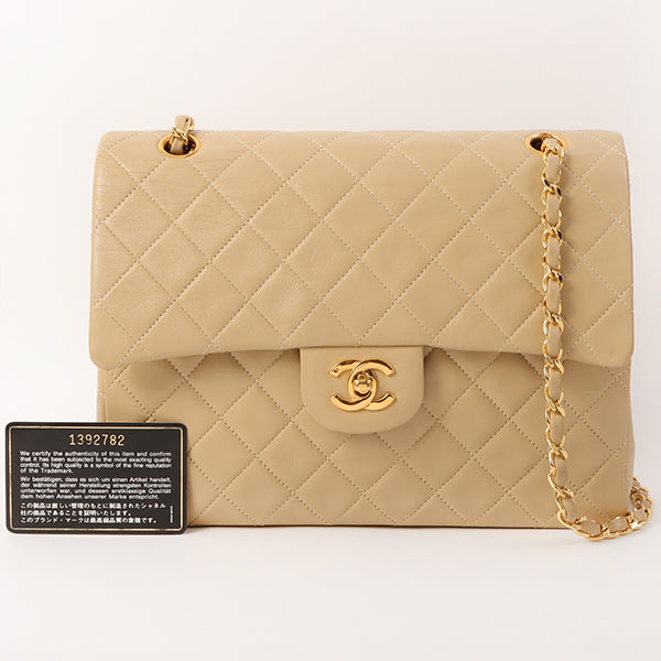 CHANEL Around 1990 Made Big Square Classic Flap Chain Bag Beige