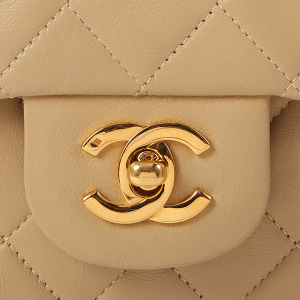 CHANEL Around 1990 Made Big Square Classic Flap Chain Bag Beige