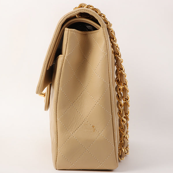 CHANEL Around 1990 Made Big Square Classic Flap Chain Bag Beige