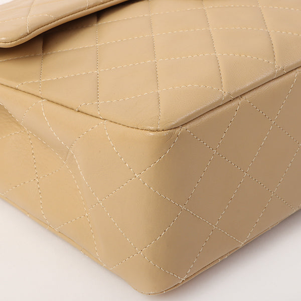 CHANEL Around 1990 Made Big Square Classic Flap Chain Bag Beige