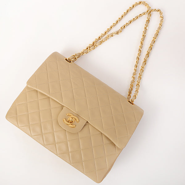 CHANEL Around 1990 Made Big Square Classic Flap Chain Bag Beige