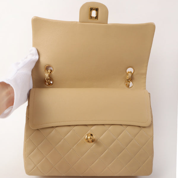 CHANEL Around 1990 Made Big Square Classic Flap Chain Bag Beige