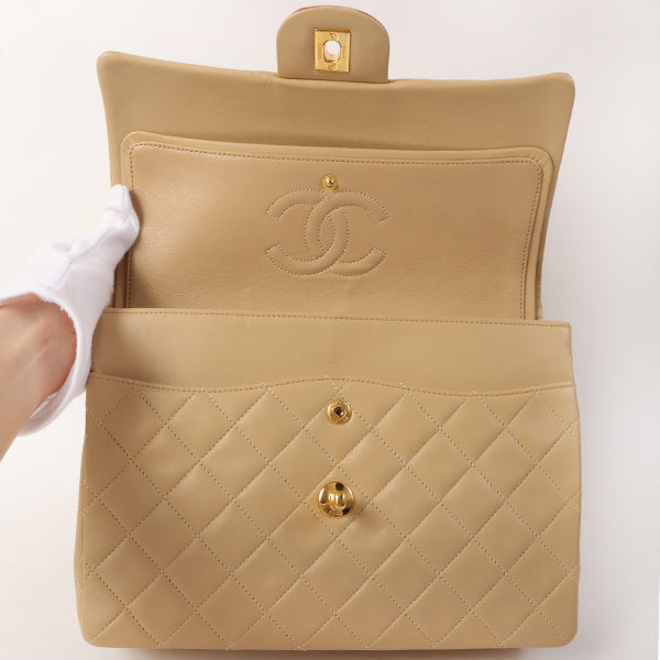 CHANEL Around 1990 Made Big Square Classic Flap Chain Bag Beige
