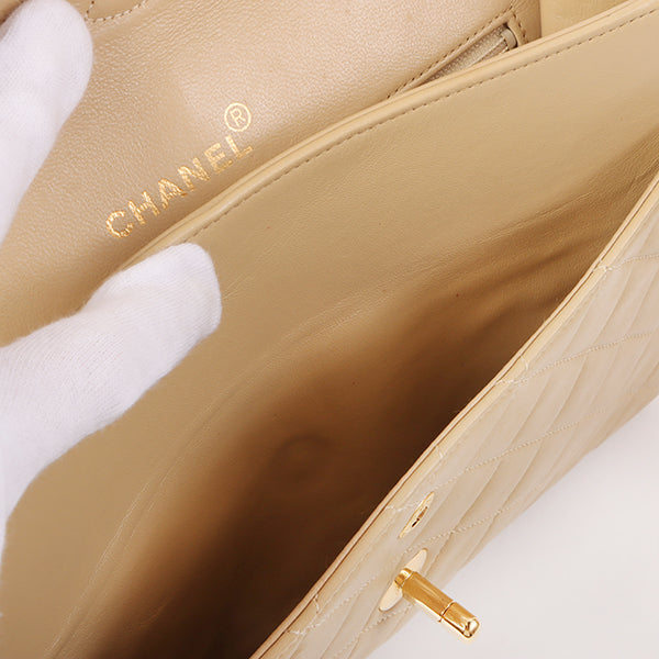CHANEL Around 1990 Made Big Square Classic Flap Chain Bag Beige