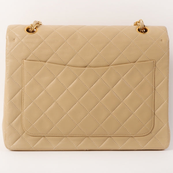 CHANEL Around 1990 Made Big Square Classic Flap Chain Bag Beige