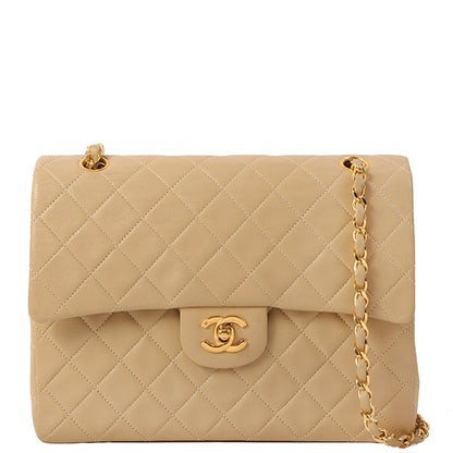 CHANEL Around 1990 Made Big Square Classic Flap Chain Bag Beige