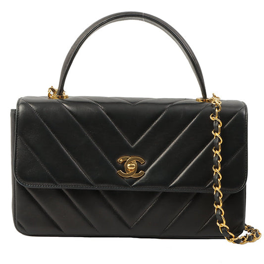 Chanel Around 1998 Chevron Turn-Lock Chain 2Way Bag Black