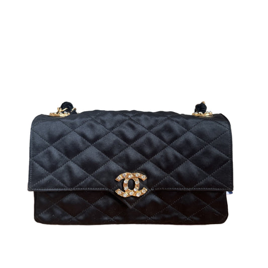 Chanel Classic Flap Mini   Black Silk Satin Gem CC Buckle Crossbody Bag