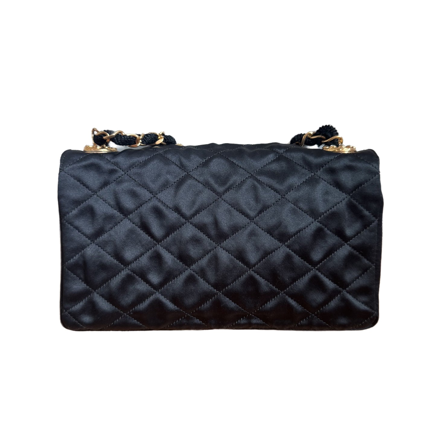 Chanel Classic Flap Mini   Black Silk Satin Gem CC Buckle Crossbody Bag