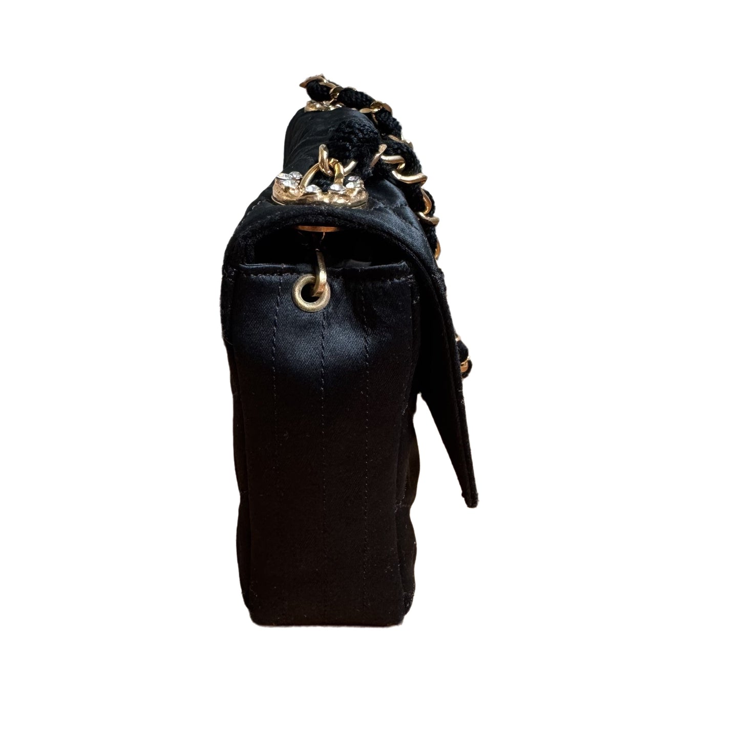 Chanel Classic Flap Mini   Black Silk Satin Gem CC Buckle Crossbody Bag