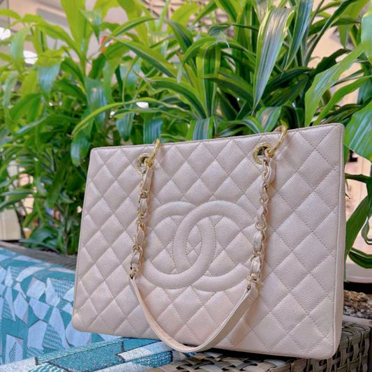 CHANEL Beige Quilted Caviar Grand Shopping Tote TWS