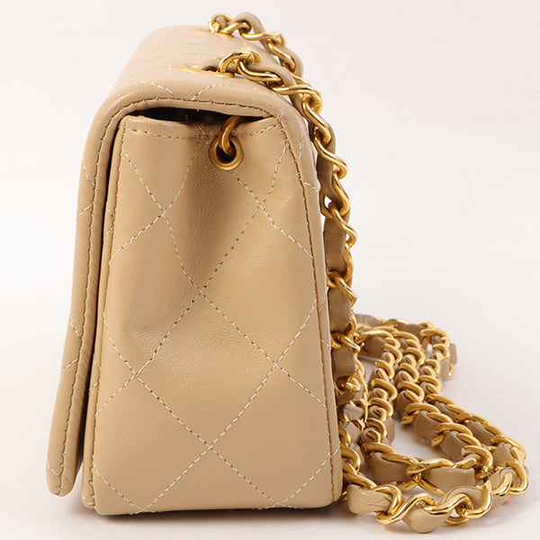 Chanel Around 1990 Made Full Flap Turn-Lock Chain Bag Mini Beige
