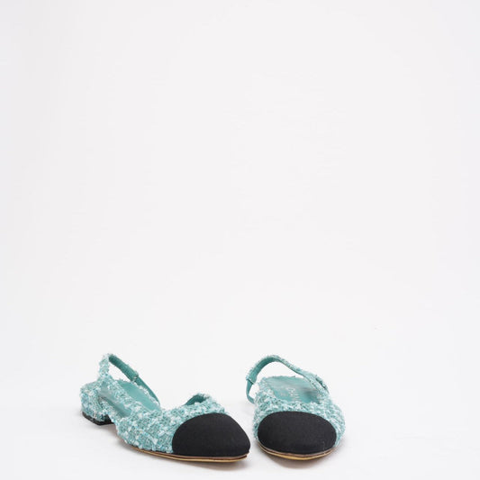 Chanel Turquoise/ Green Color Tweed Cap Toe CC Slingback 36.5C
