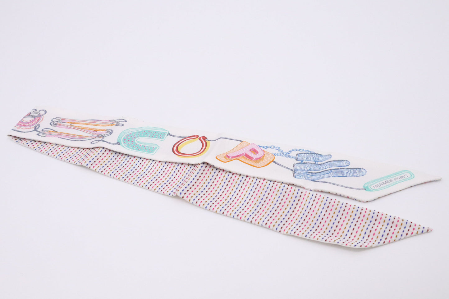 Hermes 'Chevaloscope Pointille' Twilly in White Multicolor Silk
