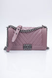 CHANEL Dark Pink Metallic Caviar Chevron Quilted Medium Boy Flap bag