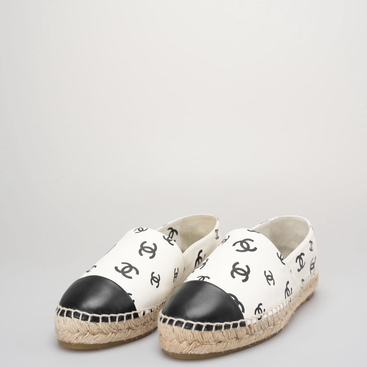 Chanel Lambskin Printed Coco Beach Espadrilles In White and Black Size 40