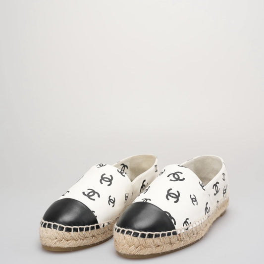 Chanel Lambskin Printed Coco Beach Espadrilles In White and Black Size 40