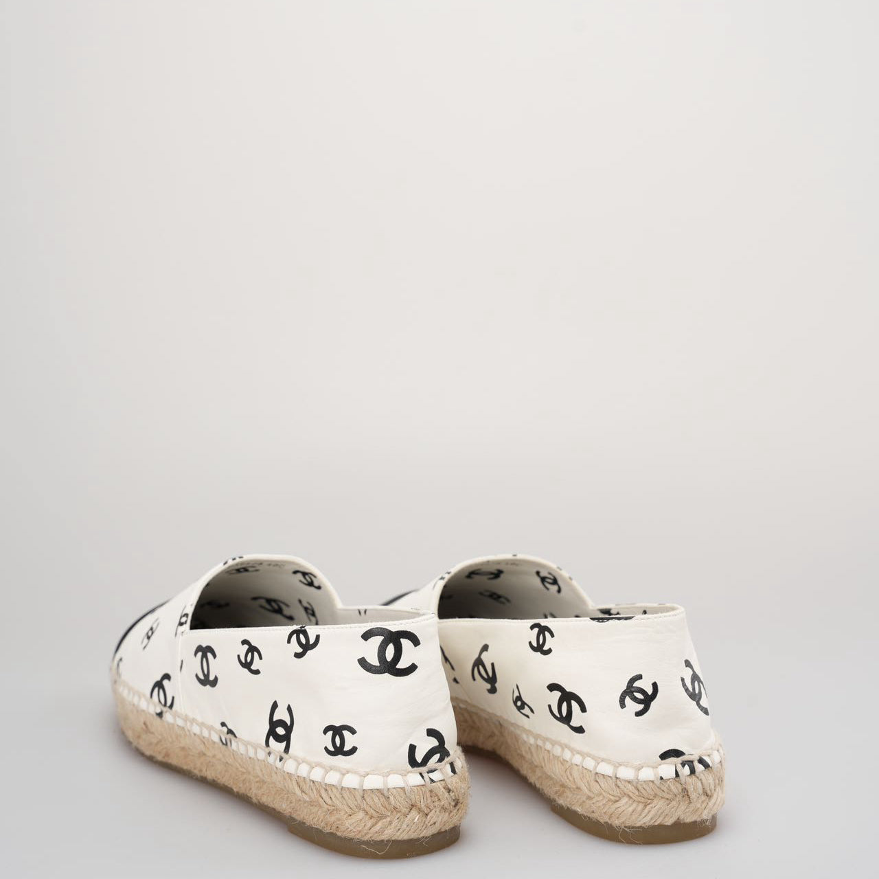 Chanel Lambskin Printed Coco Beach Espadrilles In White and Black Size 40