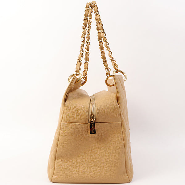 Chanel Around 2002 Caviar Skin Cc Mark Stitch Shoulder Bag Beige