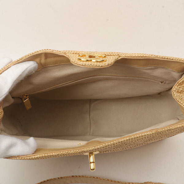 Chanel Around 1992 Made Straw Turn-Lock Shoulder Bag Beige