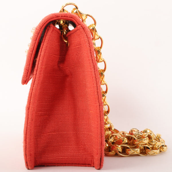 CHANEL Around 1998 Made Cotton Pearl Cc Mark Bijoux Chain Bag Red