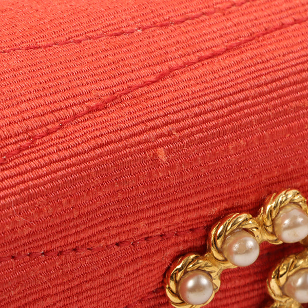 CHANEL Around 1998 Made Cotton Pearl Cc Mark Bijoux Chain Bag Red