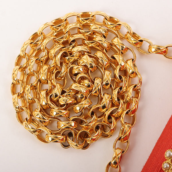 CHANEL Around 1998 Made Cotton Pearl Cc Mark Bijoux Chain Bag Red