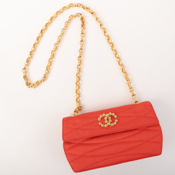 CHANEL Around 1998 Made Cotton Pearl Cc Mark Bijoux Chain Bag Red