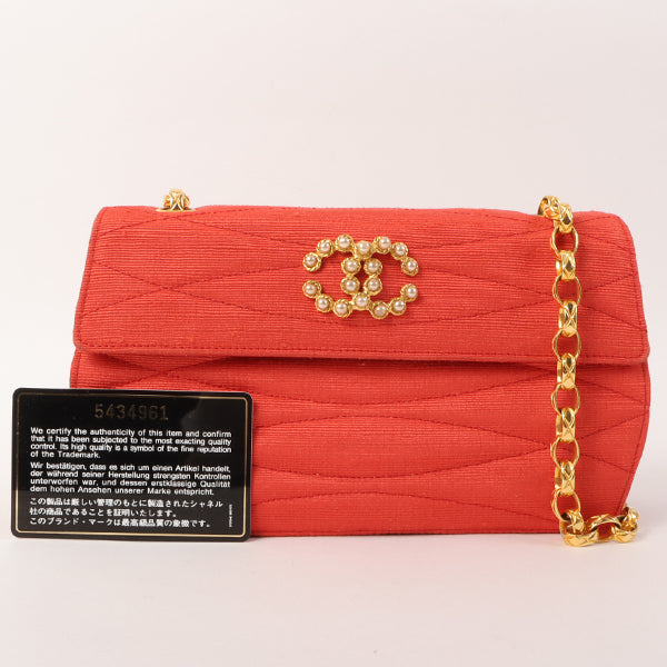CHANEL Around 1998 Made Cotton Pearl Cc Mark Bijoux Chain Bag Red