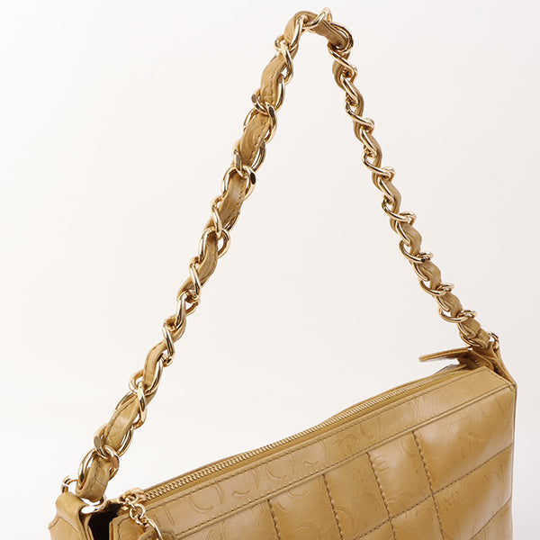 Chanel Around 2002 Made Chocolate Bar Logo Embossed Chain Shoulder Bag Mustard