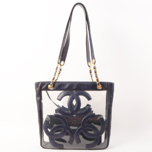 Chanel Around 1995 Made Vinyl Comby 3 Cc Mark Stitch Chain Tote Bag Clear/ Dark Navy