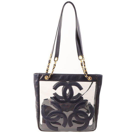 Chanel Around 1995 Made Vinyl Comby 3 Cc Mark Stitch Chain Tote Bag Clear/ Dark Navy
