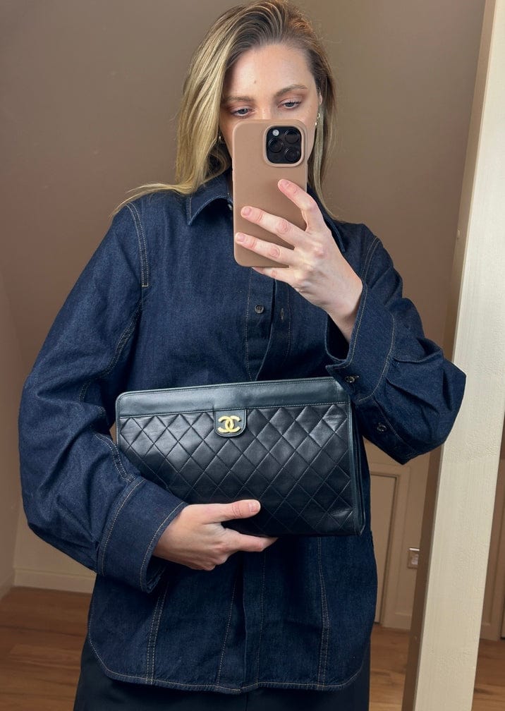 Chanel Navy Leather Clutch Bag With 24K Gold Plated Hardware