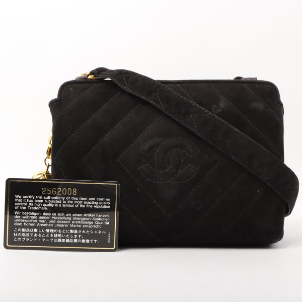 Chanel Around 1992 Made Suede Cc Mark Stitch Ball Charm Shoulder Bag Black