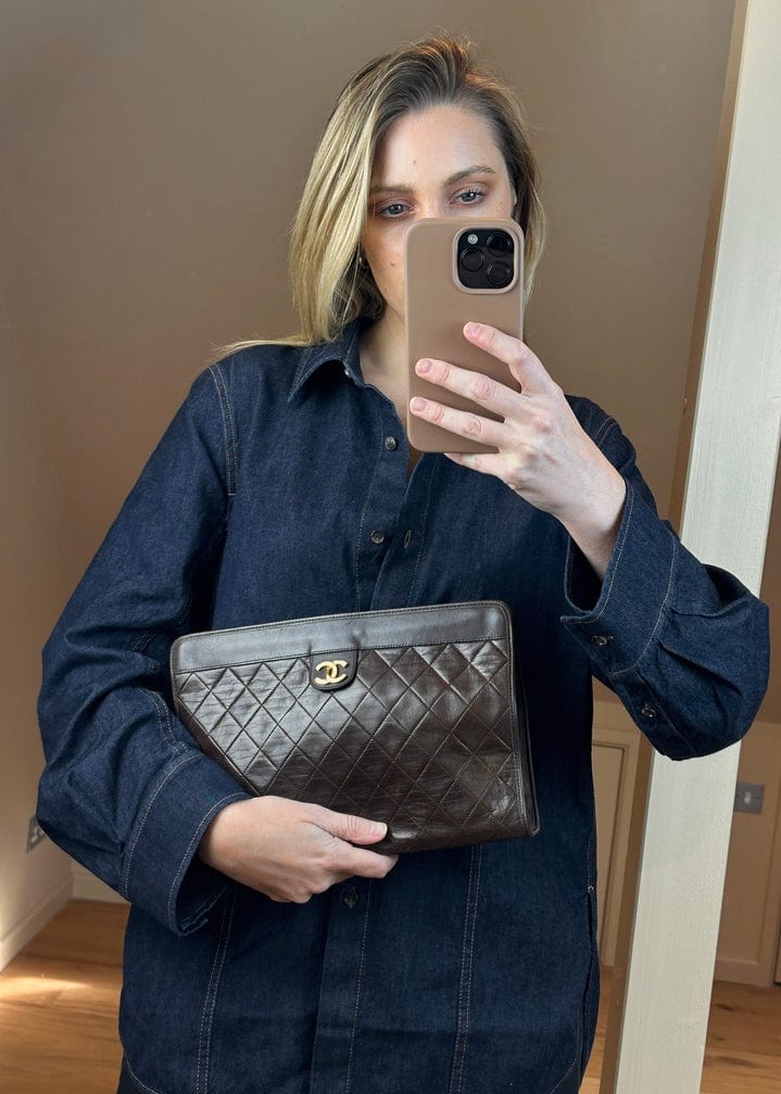 Chanel Brown Leather Clutch Bag With 24K Gold Plated Hardware