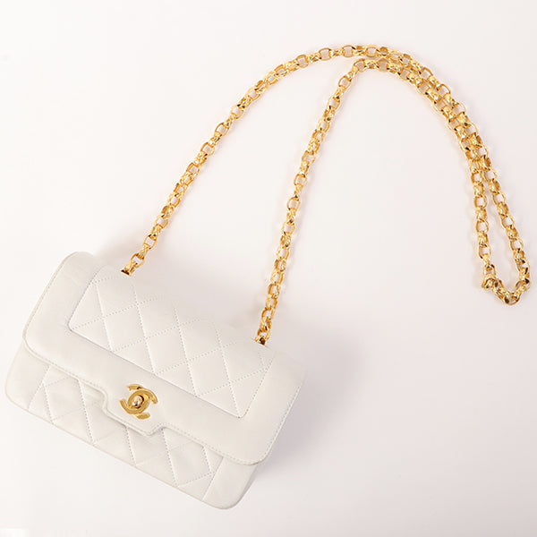 Chanel Around 1992 Made Edge Design Flap Turn-Lock Bijou Chain Bag White