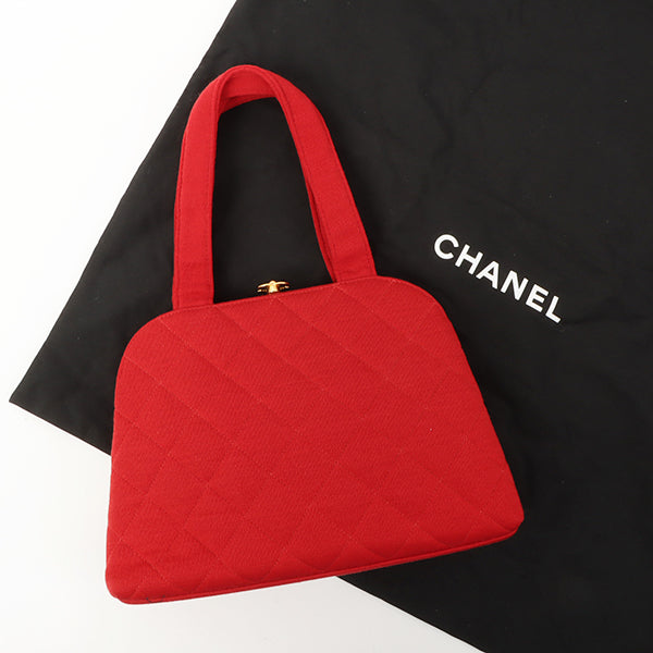 Chanel Around 1997 Made Cotton Turn-Lock Metal Clasp Top Handle Bag Red