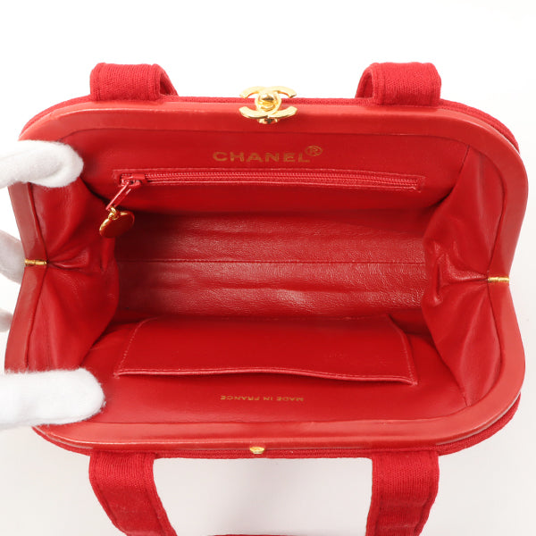 Chanel Around 1997 Made Cotton Turn-Lock Metal Clasp Top Handle Bag Red