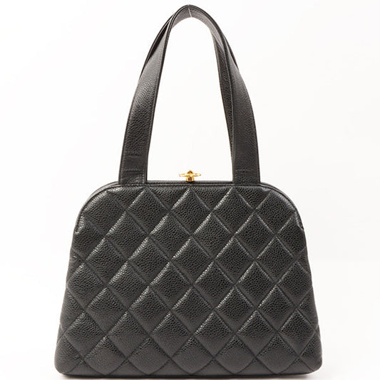 Chanel Around 1997 Made Caviar Skin Matelasse Plate Metal Clasp Hand Bag Black