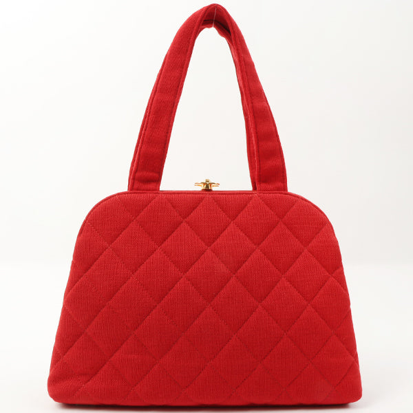 Chanel Around 1997 Made Cotton Turn-Lock Metal Clasp Top Handle Bag Red