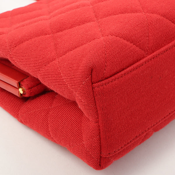 Chanel Around 1997 Made Cotton Turn-Lock Metal Clasp Top Handle Bag Red