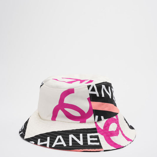 Chanel Cotton Logo Cloche Hat Bucket Hat Ecru / Black / Pink
